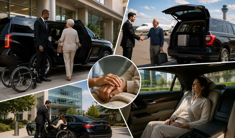 Private medical transportation with professional chauffeur providing safe, comfortable and reliable healthcare travel in Houston.
